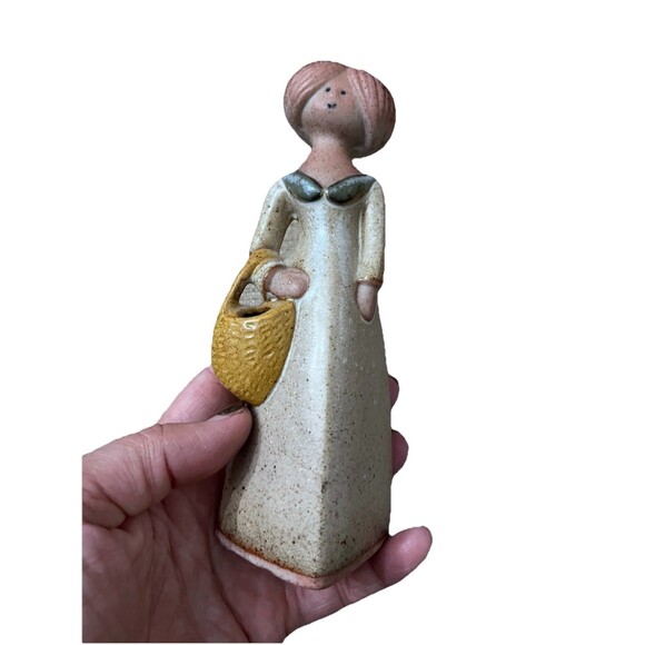 Vintage UCTCI Japan Stoneware Pottery Figurine Lady w/ Basket Speckled - Picture 1 of 9